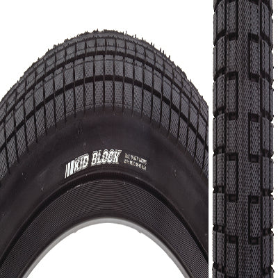 Close-up of the 20x2.1 Kid Block Sport Bicycle Tire, highlighting its micro knurled block-style tread extending onto the upper sidewall and fast-rolling center line for enhanced durability and traction.