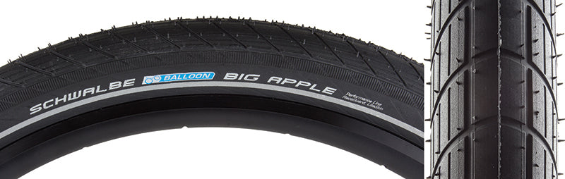 Close-up of the 20x2.15 Reflective Big Apple Perf Lite RG Bicycle Tire, showcasing its black surface with white text and reflective sidewall striping for enhanced visibility.