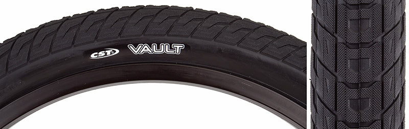 Close-up of a 20x2.2 Vault Bicycle Tire, showcasing its textured surface and slightly raised shoulder knobs, designed for fast rolling without sacrificing traction.