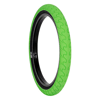 20x2.2 Green Squad Bicycle Tire with micro knurled tread pattern, featuring a black rim for enhanced grip and minimal rolling resistance. Ideal for cushioning large drops with medium pressure rating.