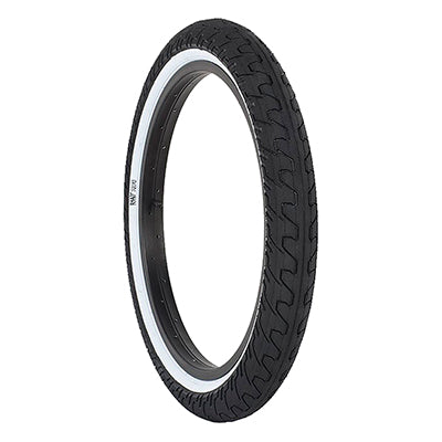 20x2.2 White Squad Bicycle Tire with a black tread and distinctive white wall, featuring a micro knurled design for enhanced grip and minimal rolling resistance. Ideal for cushioning big drops.