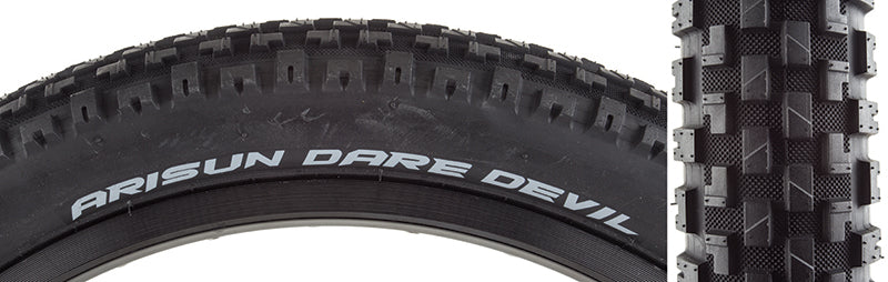 20x2.2 Dare Devil Bicycle Tire close-up showcasing large center knobs with reinforcing ribs for improved traction and response, and well-defined corner lugs for superior cornering grip.