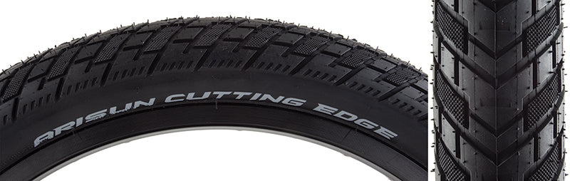 Close-up of the 20x2.25 Cutting Edge Bicycle Tire showing Chevron tread pattern designed for low rolling resistance and enhanced corner grip.