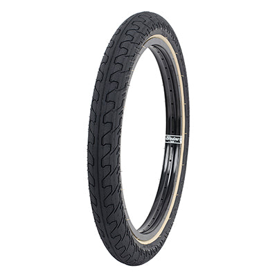 20x2.3 Black/Tan Squad Bicycle Tire featuring a distinctive white stripe, micro knurled tread design for enhanced contact area, and medium pressure rating ideal for cushioning big drops.