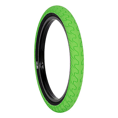 20x2.3 Green Squad Bicycle Tire with black rim, featuring a micro knurled tread design for minimal rolling resistance and medium pressure rating, ideal for cushioning big drops.