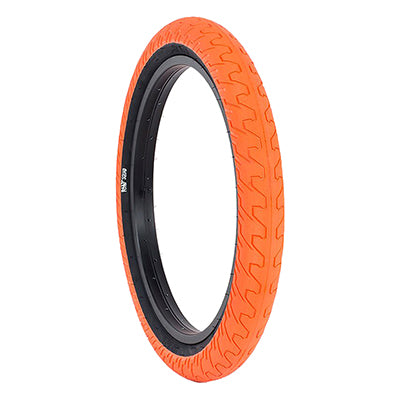 20x2.3 Orange Squad Bicycle Tire featuring a black rim and close-up view of the micro knurled tread design, providing a large contact area with minimal rolling resistance for medium pressure cushioning.