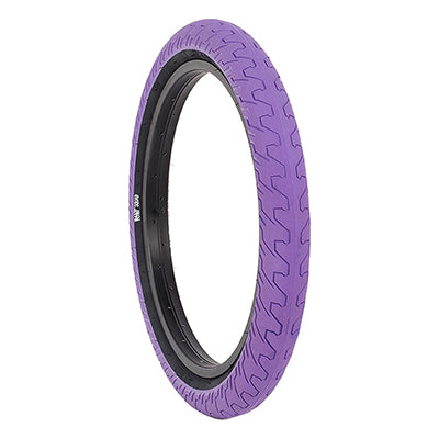 20x2.3 Purple Squad Bicycle Tire with a black rim, featuring a micro knurled tread design for enhanced contact and minimal rolling resistance, ideal for cushioning big drops.