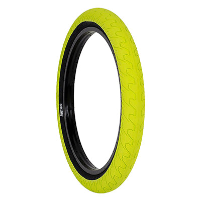 20x2.3 Yellow Squad Bicycle Tire with a black rim, featuring a micro knurled tread design for low rolling resistance and medium pressure rating for cushioning.