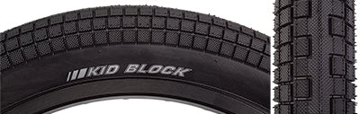 Close-up of the 20x2.3 Kid Block Sport Bicycle Tire, showcasing a micro knurled block tread extending onto the upper sidewall, with a robust 4-ply casing for enhanced durability.