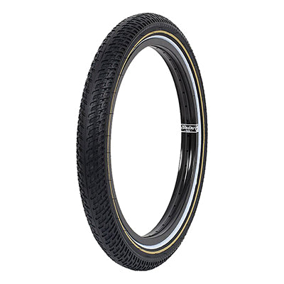 20x2.35 Black/Gold Contender Welterweight Bicycle Tire with a white stripe, featuring a multi-step inverted tread pattern and a thick walled 60tpi casing for durability.