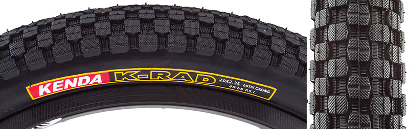 Close-up of the 20x2.35 K-Rad Sport Bicycle Tire, showcasing its checkerboard pattern of micro-knurled square knobs and rounded profile, designed for street and park use with excellent durability.