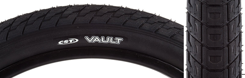 Close-up of a 20x2.4 Vault Bicycle Tire showcasing its textured surface and slightly raised shoulder knobs designed for fast rolling and optimal traction.