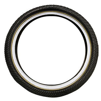 20x2.4 Black/Gold Valor Bicycle Tire, showcasing a close-up of a tire with a white wall and deep siping on the shoulders, designed for improved traction and rolling resistance.