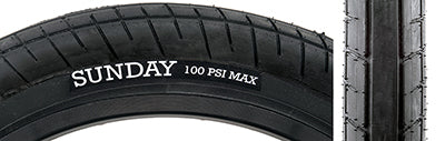 Close-up of the 20x2.4 Street Sweeper Bicycle Tire, showcasing the directional tread with a smooth center line and siped block tread shoulders, designed for high-pressure 100 psi and optimized for faster grinds.