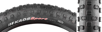 Close-up of the 20x2.6 Kaos Sport Bicycle Tire showcasing its large knobs for grip, siped center knobs for braking traction, and a large volume casing for added comfort.