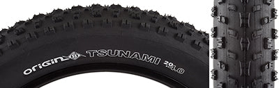 Close-up of a 20x4.0 Tsunami Bicycle Tire showcasing well-spaced, siped lugs designed for low rolling resistance and superior grip in sand, snow, and other challenging conditions.