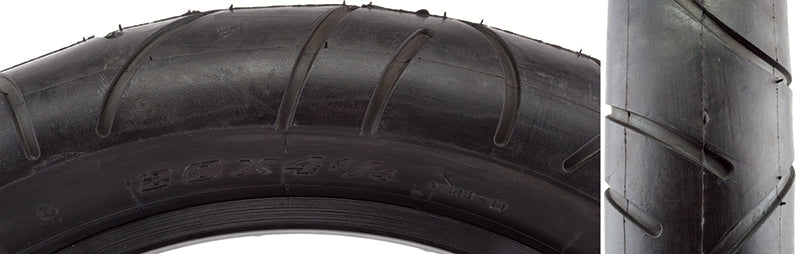 Close-up of a 20x4-1/4 Kenda Kraze K1032 Bicycle Tire, showcasing its smooth tread design with deep water-evacuating grooves, ideal for motorcycle-style performance.