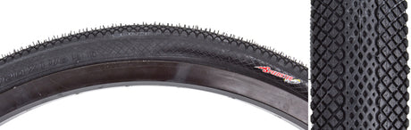 Close-up of the 20x1-1/8 Black/Black Speedster Bicycle Tire, showcasing its tread pattern designed for BMX racing, dirt jumps, and urban shredding with minimal drag on hard surfaces.