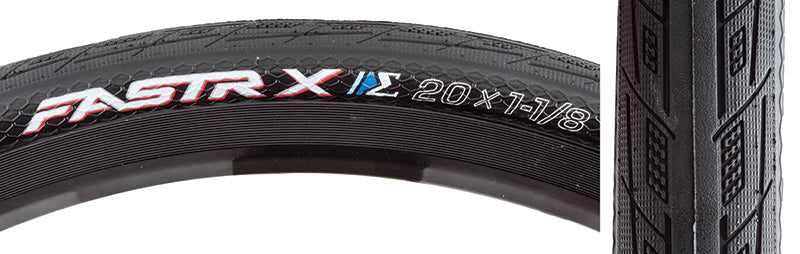 Close-up of a 20x1-1/8 Fastr-X S-Spec Bicycle Tire, highlighting its pressure-sensitive side treads and friction-enhancing texture for improved traction, ideal for ultralight racing with a 120tpi casing.