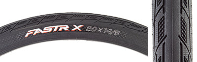 Close-up of the 20x1-1/8 Fastr-X Bicycle Tire showcasing ultra-smooth centerline, pressure-sensitive side tread, and nano knobs on outer tread, designed for enhanced traction and minimal rolling resistance.