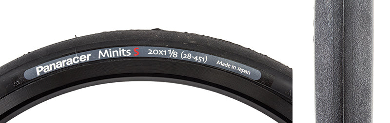 Close-up of the 20x1-1/8 Minits S Bicycle Tire, showcasing its micro file pattern tread and puncture-resistant ProTite belting, designed for high grip on compact folding bikes and touring recumbents.