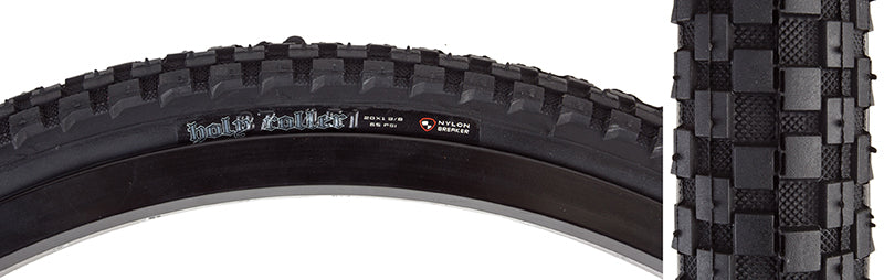 Close-up of a 20x1-3/8 Holy Roller SC Bicycle Tire showcasing its tightly spaced knobs and round profile, designed for dirt and street use with a durable single compound casing.