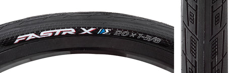 Close-up of the 20x1-3/8 Fastr-X S-Spec Bicycle Tire, highlighting its pressure-sensitive side treads and friction-enhancing texture for improved traction.