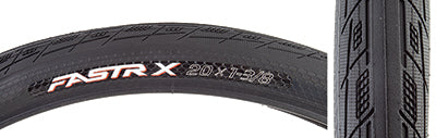 Close-up of the 20x1-3/8 Fastr-X Bicycle Tire, showcasing its ultra-smooth centerline, pressure-sensitive side tread, and strategically integrated nano knobs for enhanced traction and minimal rolling resistance.