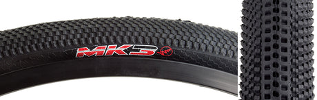 Close-up of a 24x1.5 MK3 Bicycle Tire showcasing its small knobs for traction and relatively smooth surface for speed.