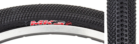 Close-up of a 24x1.75 MK3 Bicycle Tire, showcasing small knobs for traction and a relatively smooth surface for speed. The image highlights the tread and texture of the tire.