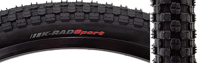 Close-up of a 24x1.75 K-Rad Sport Bicycle Tire featuring a micro-knurled checkerboard tread pattern and a rounded profile, ideal for street and park use.