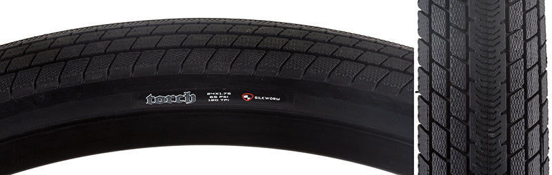 Close-up of the 24x1.75 Torch DC/SS Bicycle Tire showcasing its detailed tread design and lightweight construction, designed for fast rolling and enhanced grip in corners, with puncture protection.