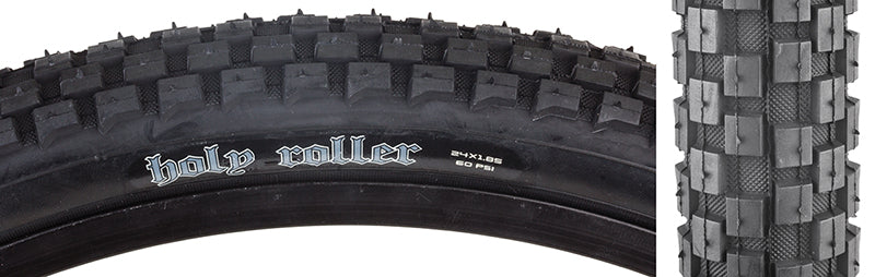 Close-up of a 24x1.85 Holy Roller SC Bicycle Tire, showcasing tightly spaced knobs and a round profile. Ideal for dirt and street use, highlighting durability and dependability with single compound casing.