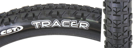 Close-up of a 24x1.95 Tracer Bicycle Tire, showcasing its medium-size, squared-off knobs designed for traction in loose dirt and stability on hardpack surfaces. The tire features a single compound tread for longevity and performance.