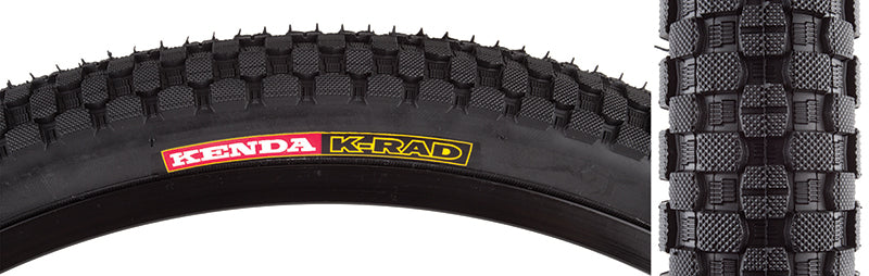 Close-up of the 24x1.95 K-Rad Sport Bicycle Tire featuring a checkerboard pattern of micro-knurled square knobs and a rounded profile, designed for street and park use.