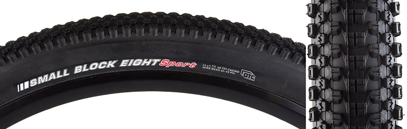 Close-up of a 24x1.95 Small Block 8 Sport Bicycle Tire, showcasing densely packed small knobs for low rolling resistance and responsive acceleration, ideal for hard-packed cross country riding.