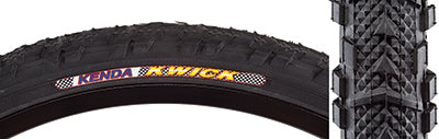 24x1.95 Kwick Bicycle Tire close-up showing the semi-slick center tread and larger shoulder knobs designed for commuting and off-road use, highlighting its multi-purpose tread pattern for improved durability and traction.