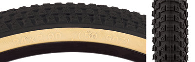 Close-up of the 24x2.0 Black/Tan Cub Bicycle Tire, showcasing its BMX-style street tread and vintage SE Bikes design, highlighting the intricate tread pattern and robust synthetic rubber material.