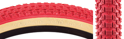 Close-up of the 24x2.0 Red/Tan Cub Bicycle Tire, showcasing its classic BMX-style street tread, a result of the collaboration between Vee Tire and SE Bikes for vintage styling.