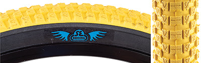 Close-up of the 24x2.0 Yellow Cub Bicycle Tire, highlighting its classic BMX street tread and durable long-life compound, designed for all terrain types, showcasing Vee Tire and SE Bikes's vintage styling.