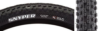 Close-up of a 24x2.0 Snyper DC/SS Fold Bicycle Tire, showcasing the aggressive tread pattern designed for hard pack, with visible dual compound tread and SilkShield puncture protection.