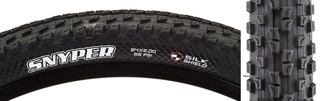 Close-up of a 24x2.0 Snyper DC/SS Wire Bicycle Tire showcasing its aggressive tread pattern designed for hard pack terrain, with visible SilkShield protection extending from the tread to the sidewalls.