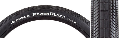 Close-up of the 24x2.1 PowerBlock Bicycle Tire, highlighting its black synthetic rubber with white text, showcasing the tire's durable compound and efficient design for BMX performance.