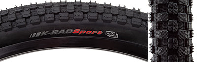 Close-up of the 24x2.3 K-Rad Sport Bicycle Tire featuring tightly bunched knobs on the tacky tread, designed for street and park use with puncture-resistant casing and durable rubber compound.