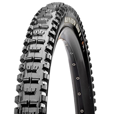 Close-up of a 24x2.3 Minion DHR II DC/EXO/TR Bicycle Tire, showcasing its detailed tread pattern and robust sidewalls designed for improved acceleration, cornering, and braking.