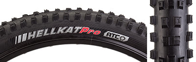 Close-up of a 24x2.4 HellKat Pro Bicycle Tire showcasing well-spaced, partially hollow knobs for extreme grip, optimized for enduro and trail riding with advanced casing and tubeless features.