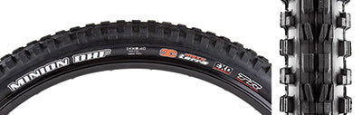 24x2.4 Minion DHF 3C/TERRA/EXO/TR Bicycle Tire showcasing close-up of tread pattern designed for low rolling resistance and enhanced grip, emphasizing sidewall protection and tubeless readiness.