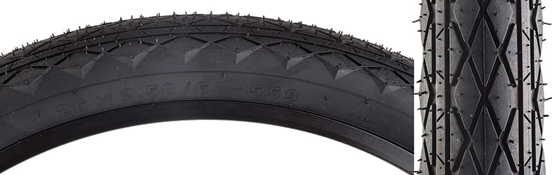 Close-up of a 24x2.5 Revolutions Bicycle Tire with a heavily siped, smooth all-around tread pattern.