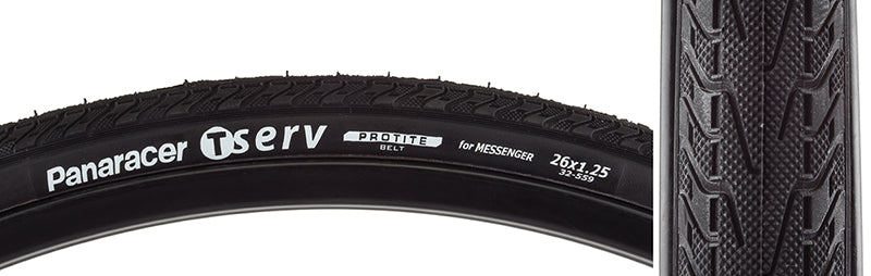 Close-up of the 26x1.25 T-Serv Bicycle Tire, highlighting its durable aramid belted design that protects against punctures and pinch flats.