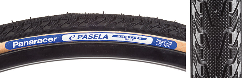 Close-up of the 26x1.25 Pasela Protite Wire Bicycle Tire, highlighting its detailed tread pattern, robust construction, and puncture-resistant technology for urban or touring rides.